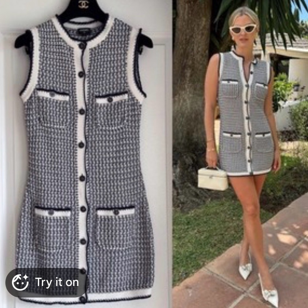 Chanel Cashmere Sleeveless Tweed Shift Dress in Black & White